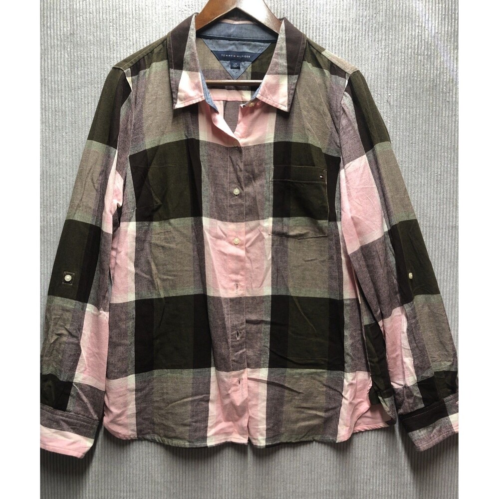Tommy Hilfiger Women Shirt Large Brown Pink Button Front Preppy Fall Casual